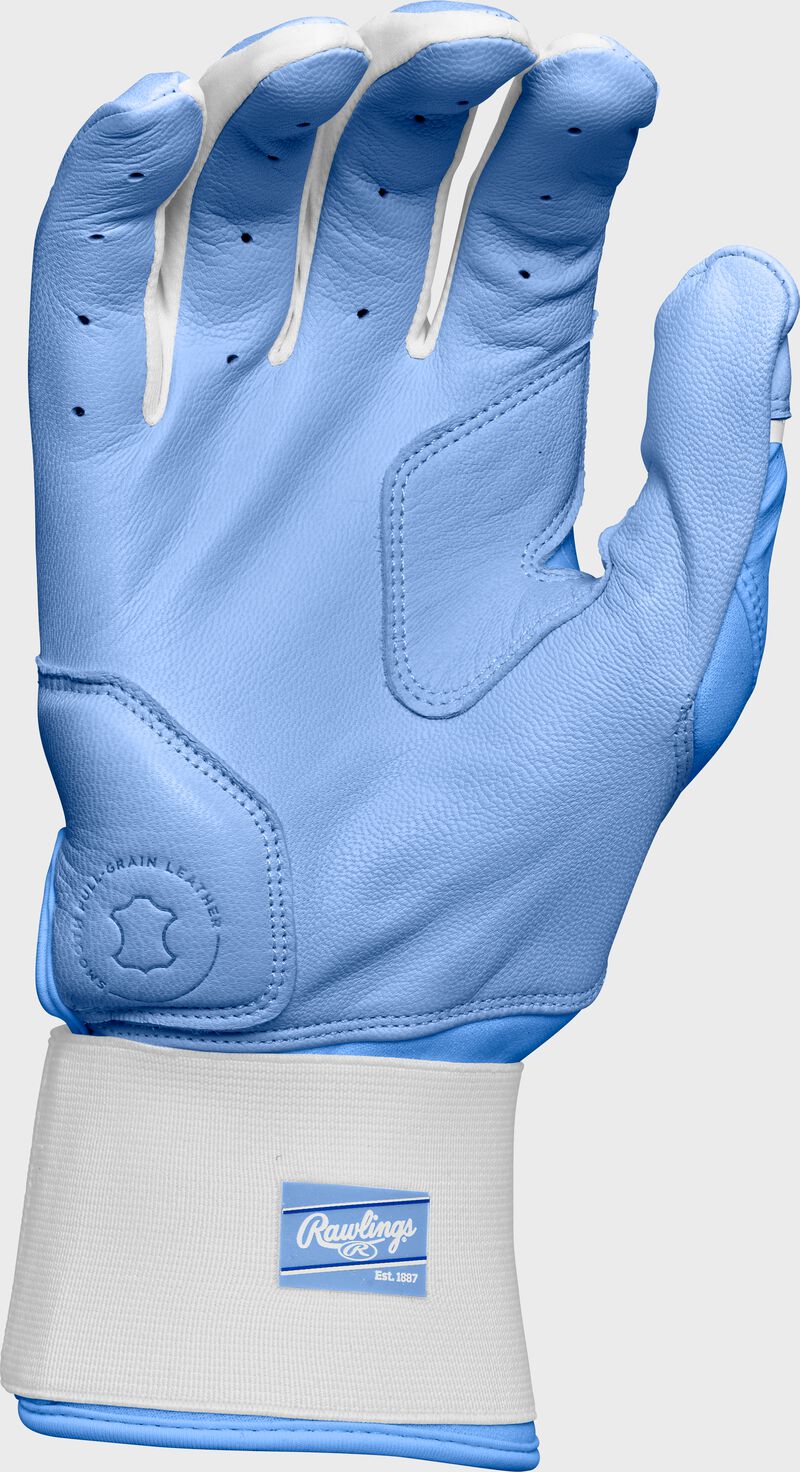 Palm of a Columbia blue Workhorse compression strap batting glove