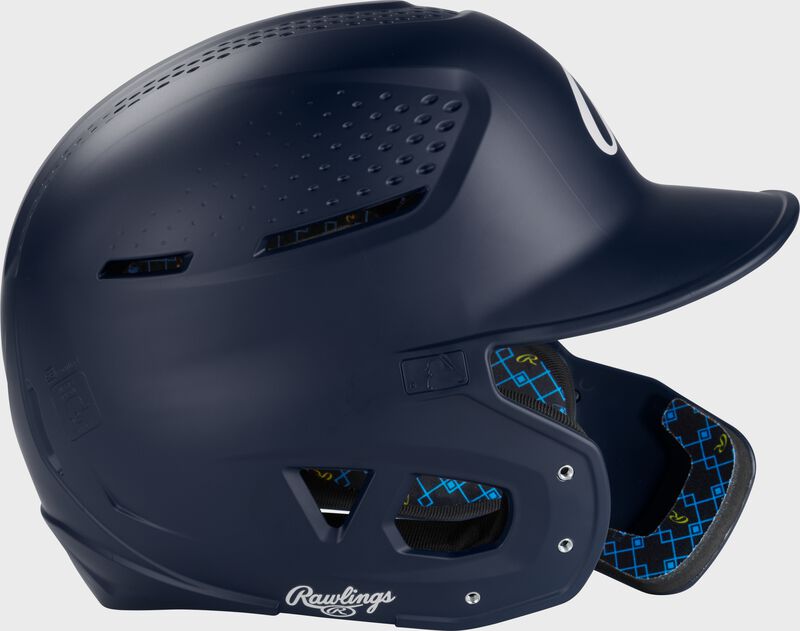 Right side of a navy Rawlings RX2 Reverse batting helmet