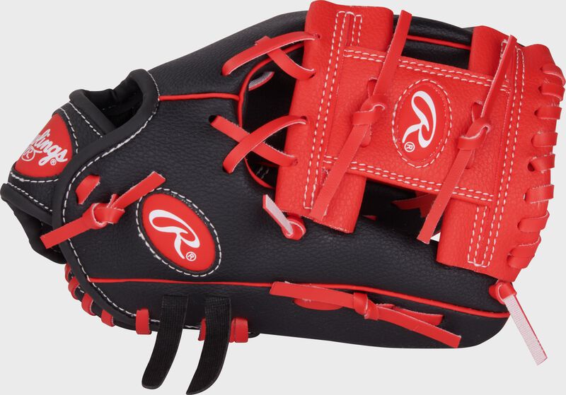 Thumb of a black/scarlet Rawlings Players Series 10" youth glove with a scarlet I-web loading=
