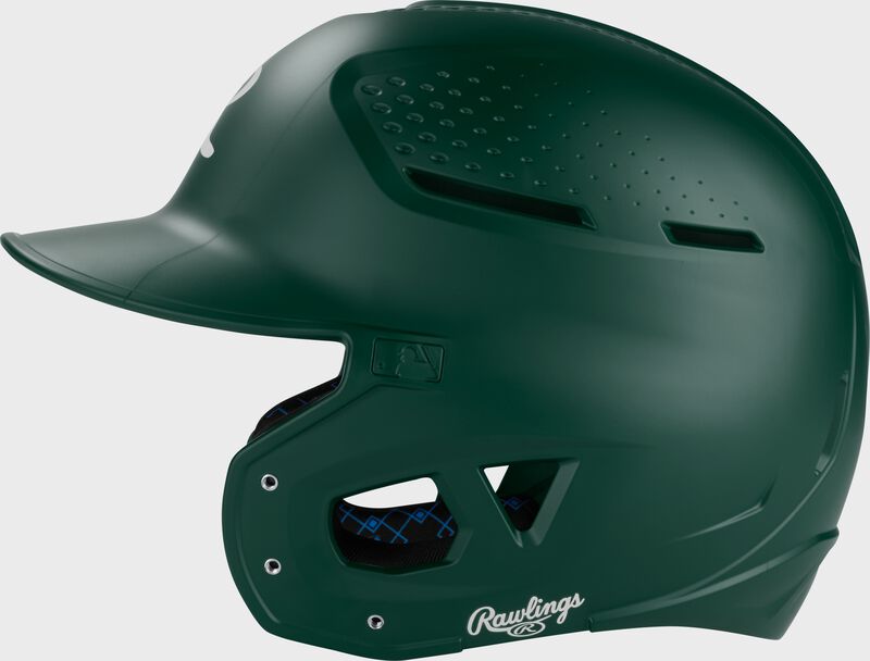 Left side of a dark green Rawlings RX2 batting helmet