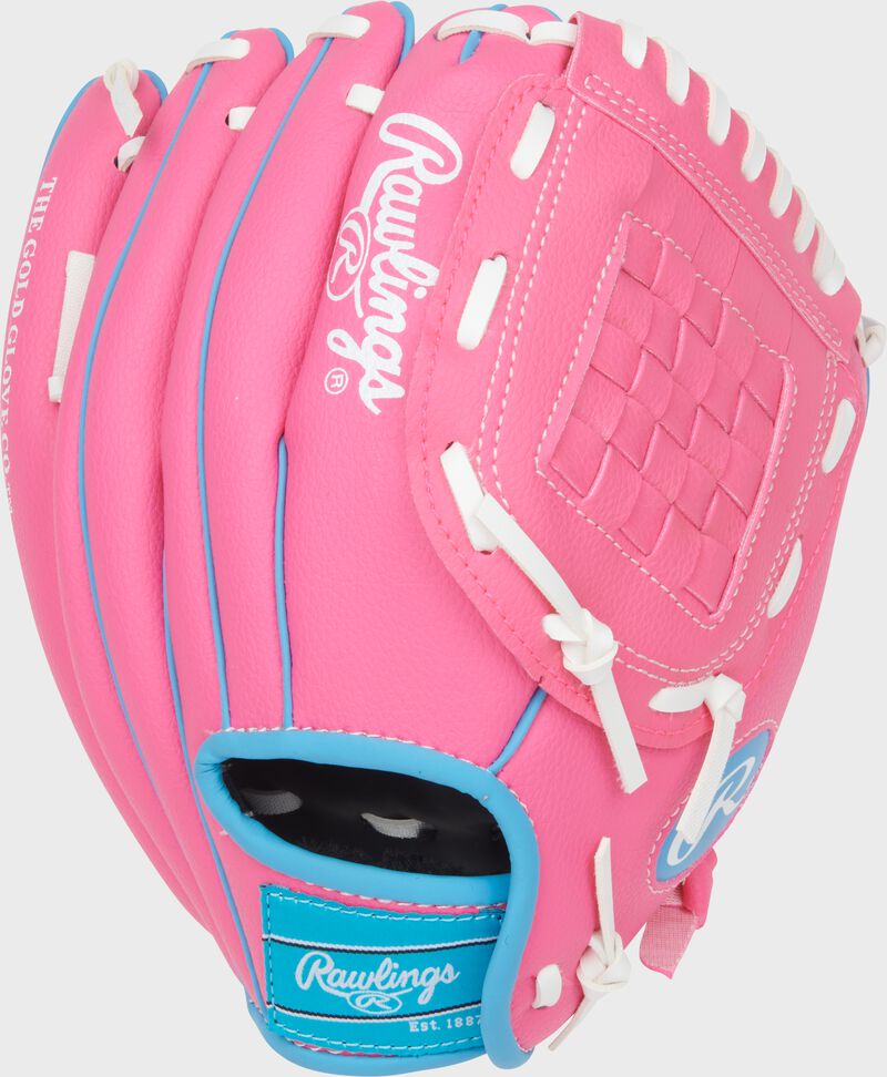 Back of a pink/tie dye Rawlings Flex Palm Series 10-inch Youth Softball Glove