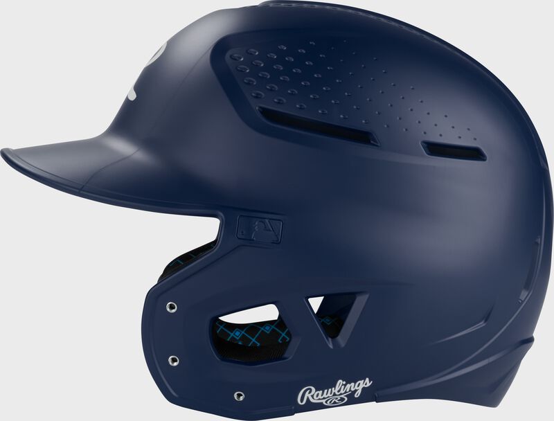 Left side of a navy Rawlings RX2 batting helmet loading=