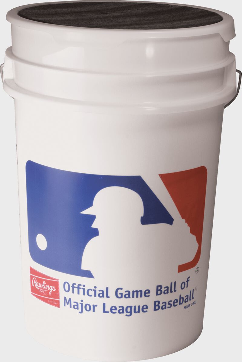 Official MLB logo on a RSXBUCK30 bucket of 30 practice baseballs