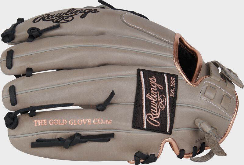 Gray back of a Rawlings R9 Series ContoUR fit fastpitch glove with a black/rose gold Rawlings patch loading=