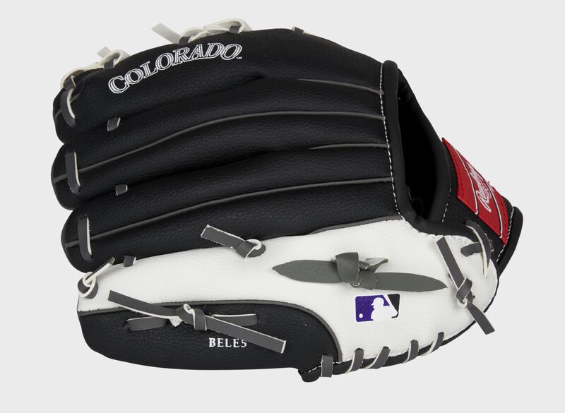 Back of a black/white Colorado Rockies 10-Inch youth glove with the MLB logo on the pinky - SKU: 22000025111 loading=