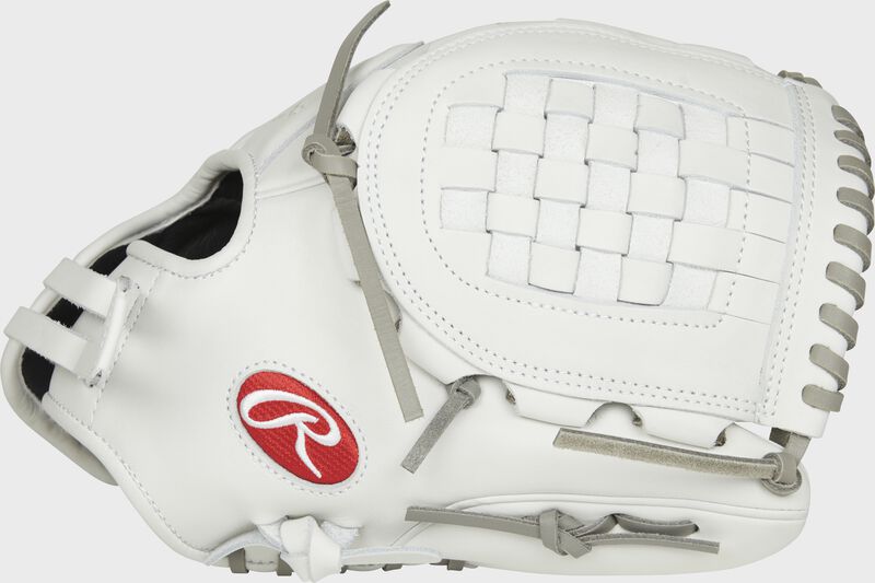 Web back view of white and red Liberty Advanced 12-inch softball glove loading=