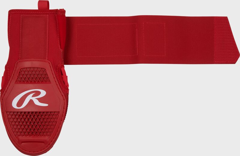 Back of a scarlet sliding mitt with the wrist strap stretched out