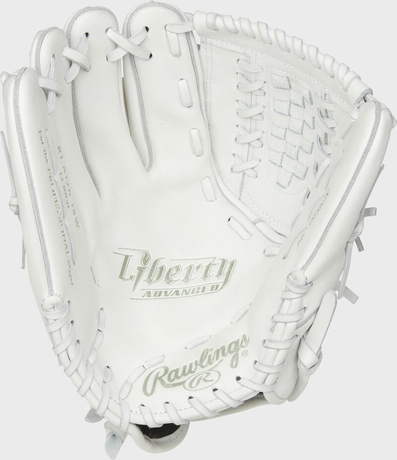 Shell palm view of white 2020 Liberty Advanced 12-inch Softball glove loading=