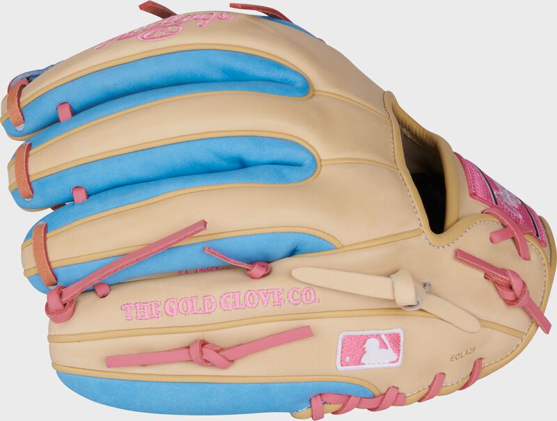 Camel/Columbia blue back of a Heart of the Hide 11.5" infield glove with the MLB logo on the pinky