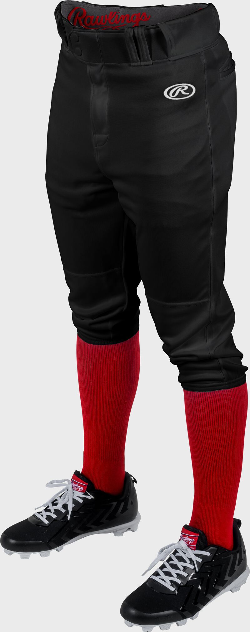 Front angle of Rawlings black Adult Launch Knicker Baseball Pant - SKU #LNCHKP
