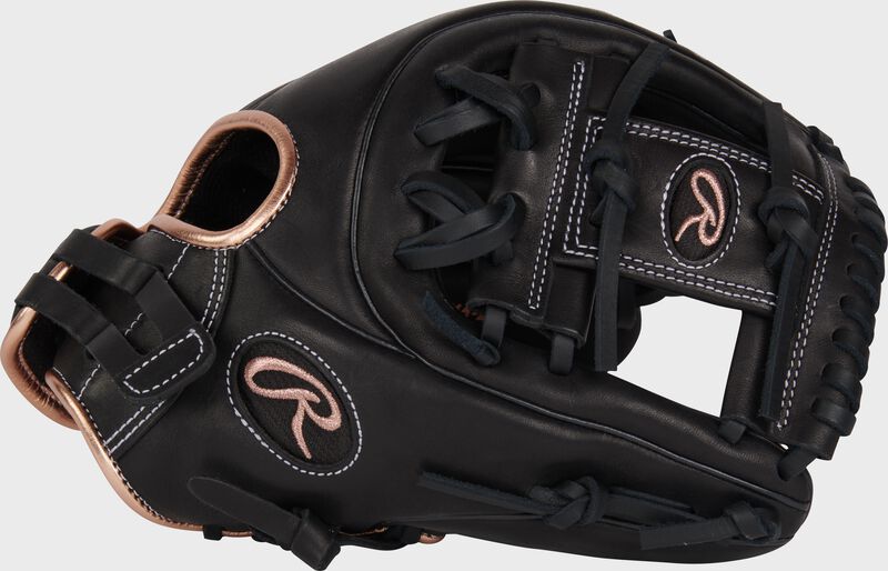 Thumb of a black R9 Series 11.75" infield fastpitch glove with a black I-web