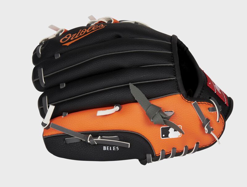 Back of a black/orange Baltimore Orioles 10-inch youth glove with the MLB logo on the pinky - SKU: 22000018111