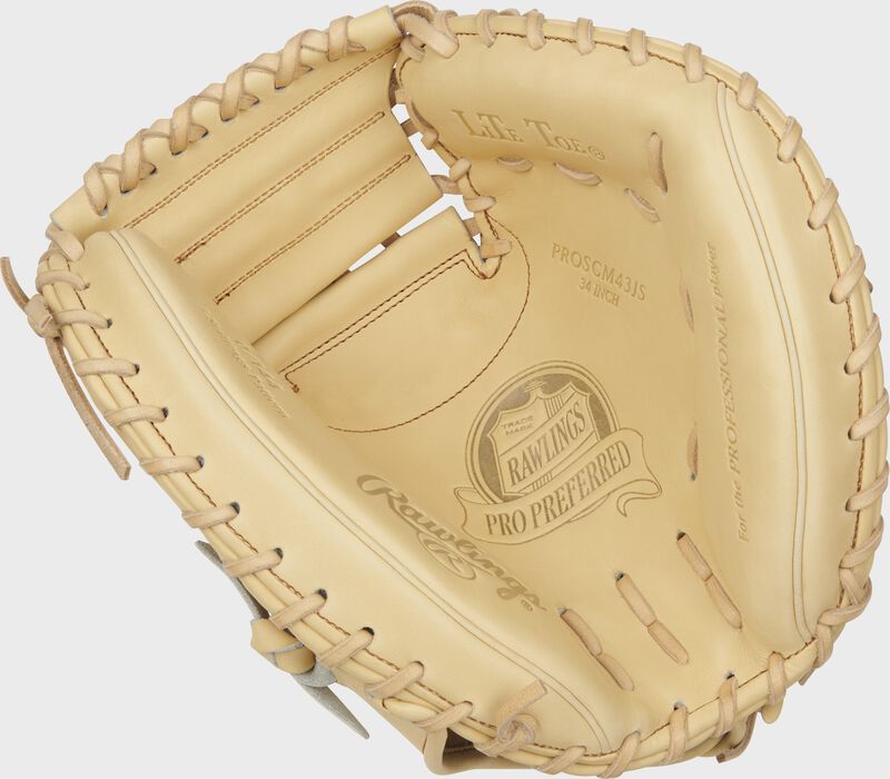 Camel palm of a Rawlings Gameday 57 Series Jacob Stallings cather's mitt with camel laces - SKU: RSGPROSCM43JS