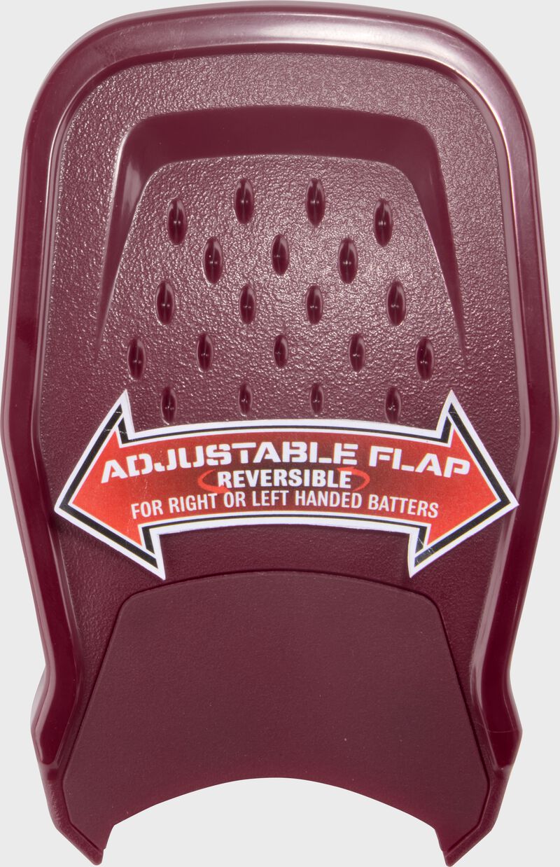 A maroon Rawlings RX2 Reverse adjustable batting helmet extension with a sticker showing the adjustability
