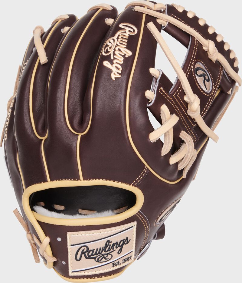 Back of a mocha Pro Preferred 11.75" I-web glove with a camel Rawlings patch