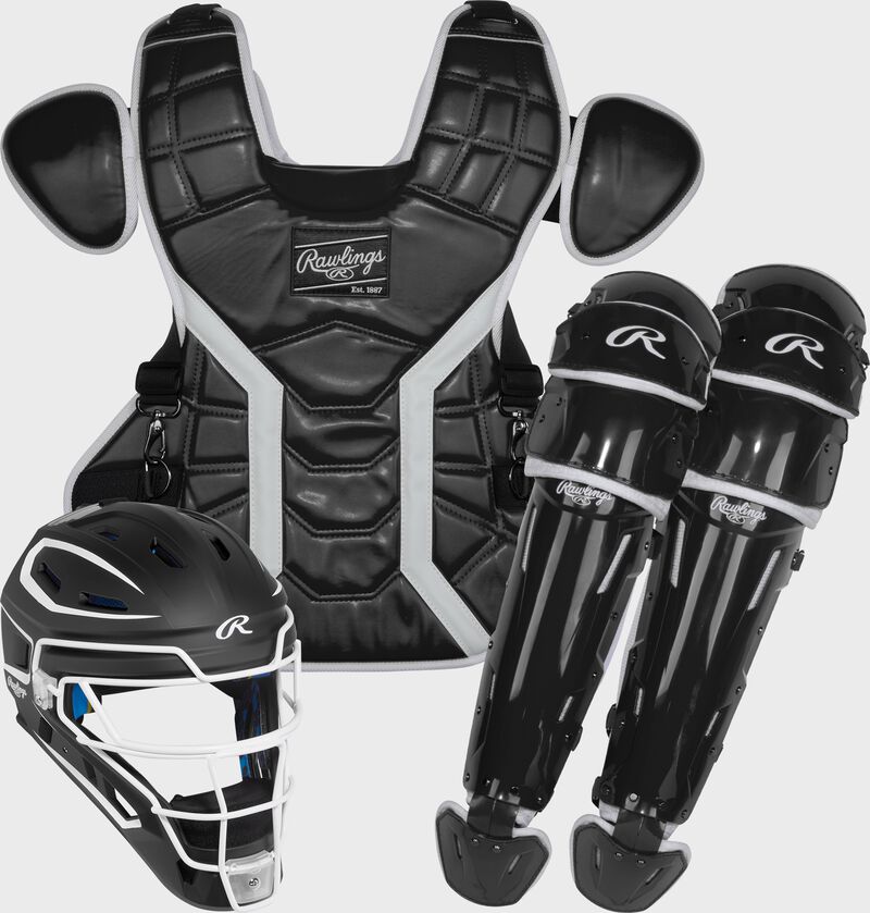 A black Mach Pro Series Catcher's set with a helmet, chest protector, and leg guards loading=