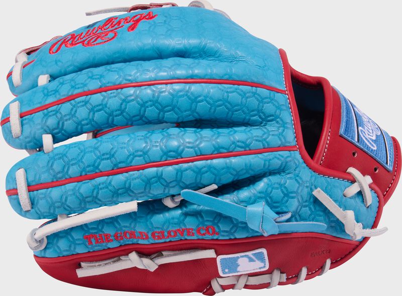 Columbia blue back of a Rawlings x Bettinardi Heart of the Hide 11.75" infield glove with the MLB logo on the pinky