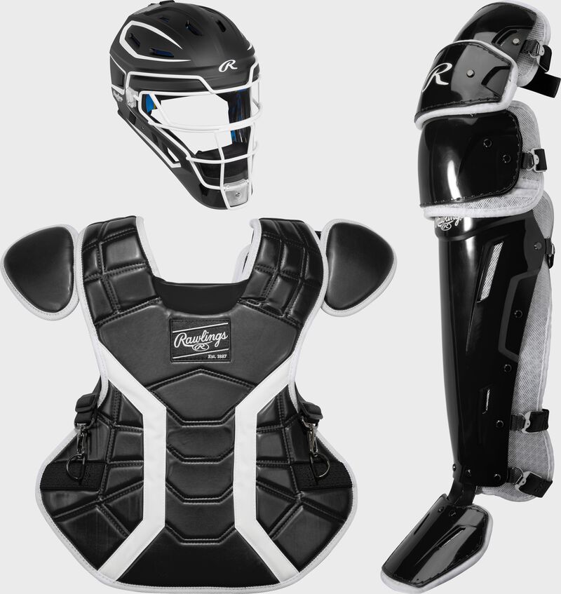 A black Mach Pro Series Catcher's set with a helmet, chest protector, and leg guards