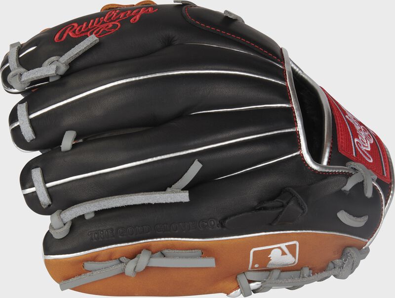 Back of a black/tan R9 ContoUR 11" infield glove with the MLB logo on the pinky - SKU: R9110U-19BT loading=