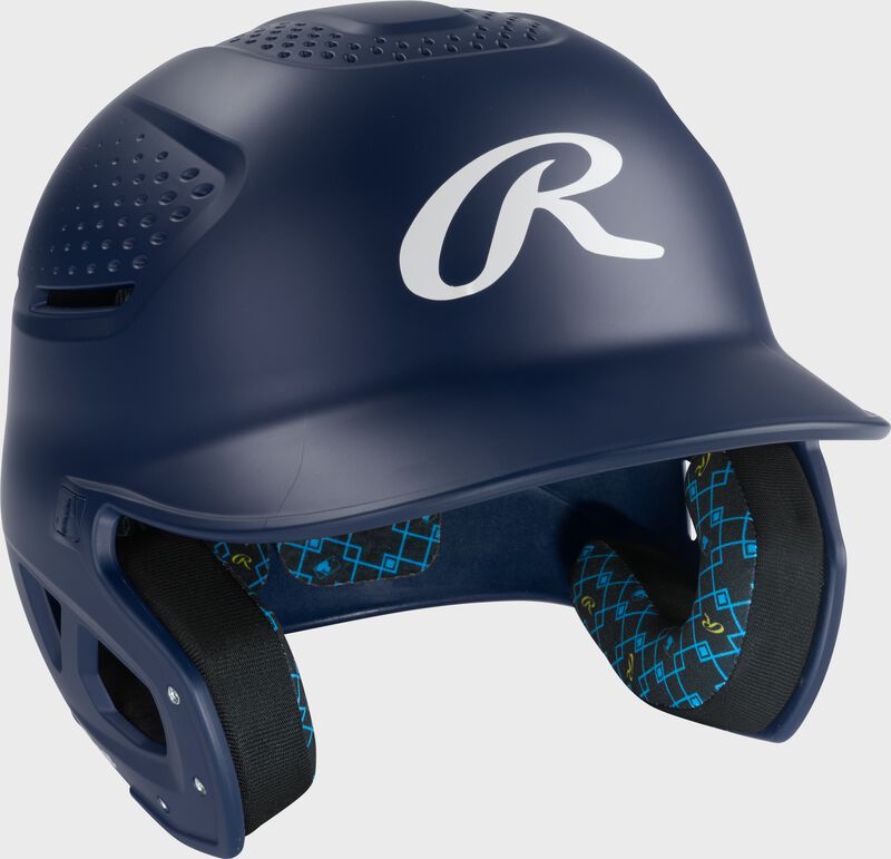 Front right of a navy Rawlings RX2 batting helmet