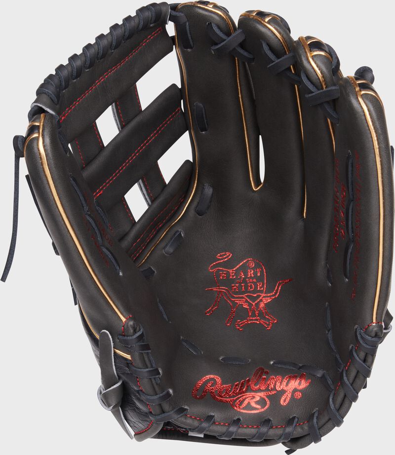 Dark shadow palm of a Rawlings Heart of the Hide outfield glove with scarlet stamping and black laces