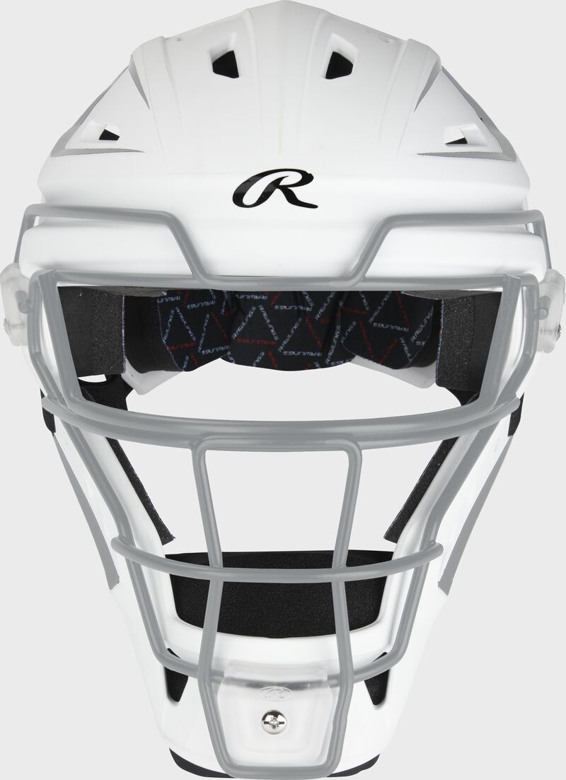 Front of a white/silver Velo catcher's mask