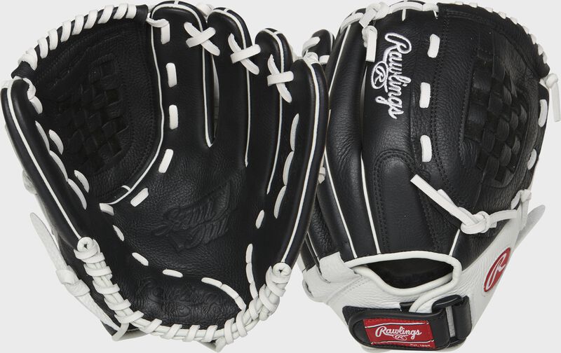 Two images showing the palm & back of a black Shut Out 12" infield/pitcher's fastpitch glove loading=