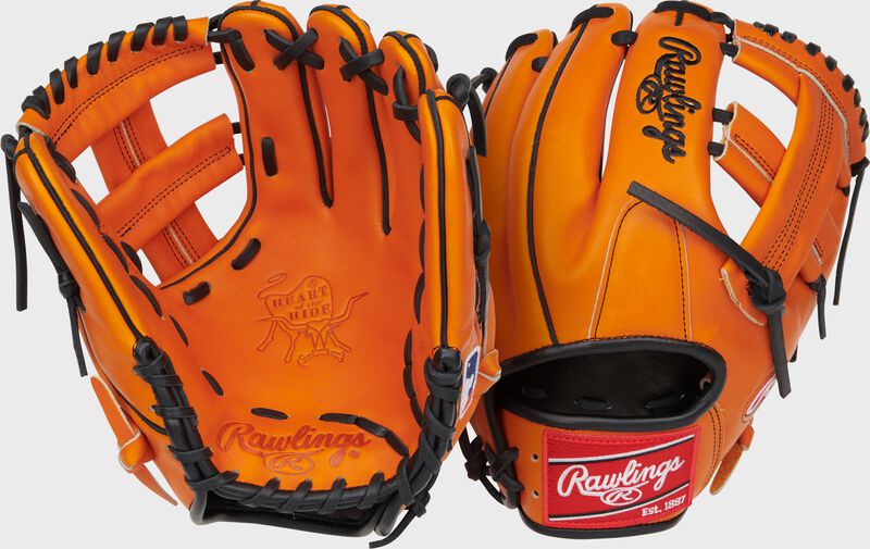 Two images showing the palm & back of an orange Rawlings Jackson Holliday Heart of the Hide Infield Glove