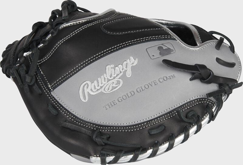 Black/gray back of a 32-Inch Rawlings Encore catcher's mitt with the MLB logo on the pinky - SKU: ECCM32-23B