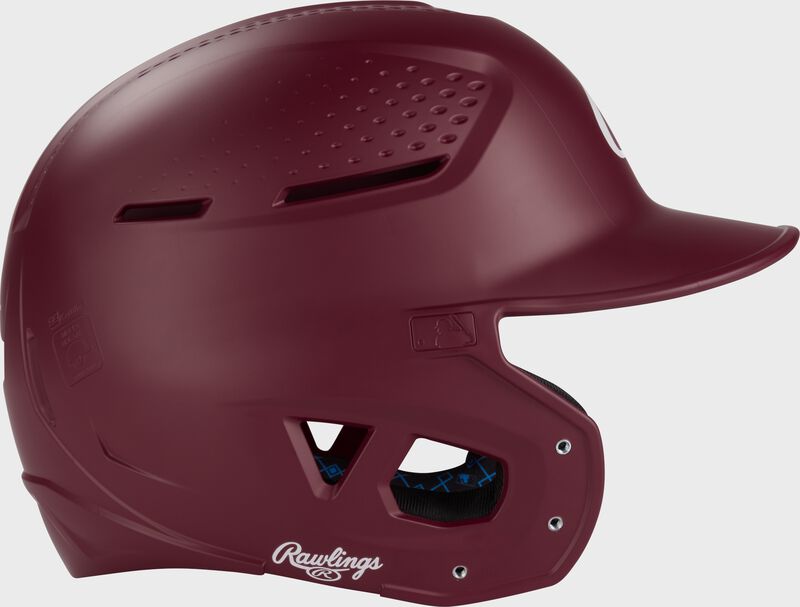 Right side of a maroon Rawlings RX2 batting helmet loading=