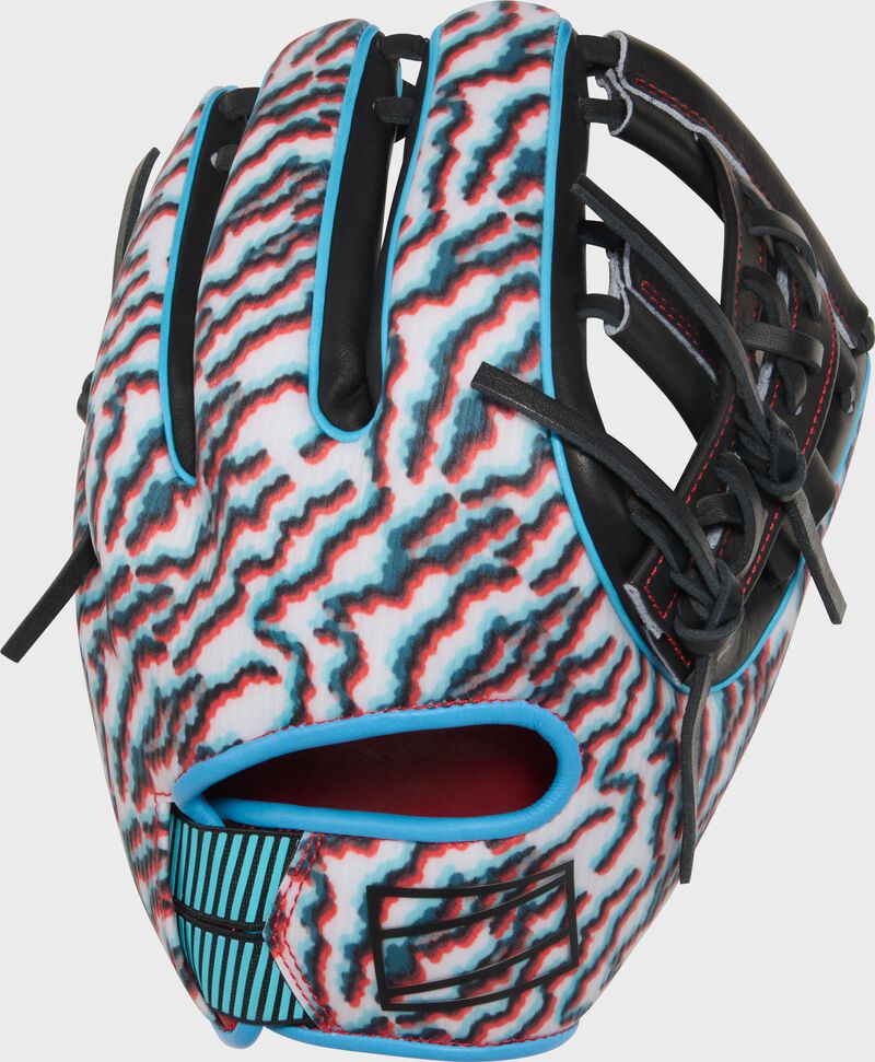 Back of a scarlet/white/black Rawlings REV1X 11.5-Inch Infield Glove