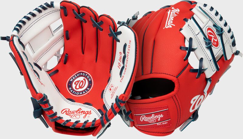 Two images showing the palm & back of a scarlet Washington Nationals team logo youth glove loading=