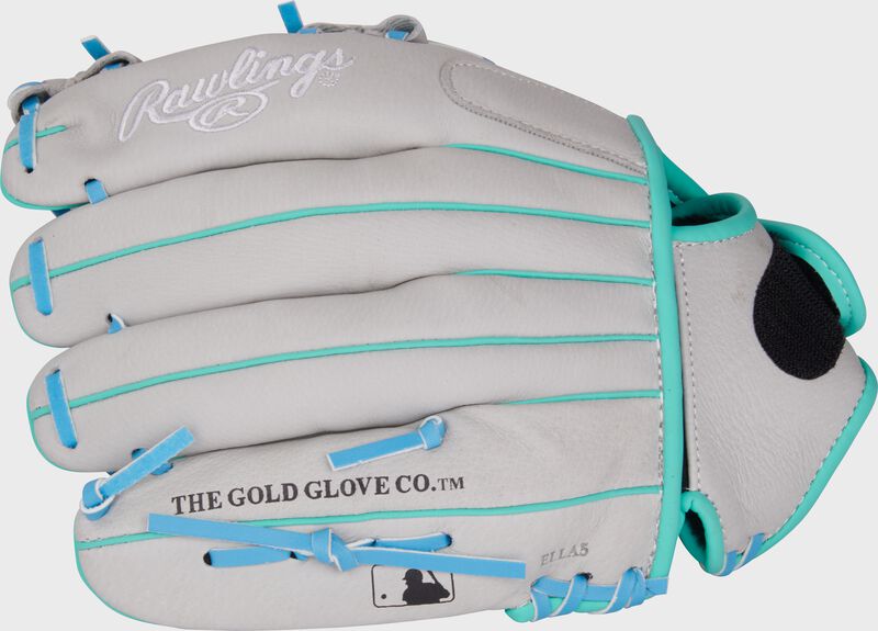 Gray back of a Rawlings Sure Catch Francisco Lindor glove with the MLB logo on the pinky loading=