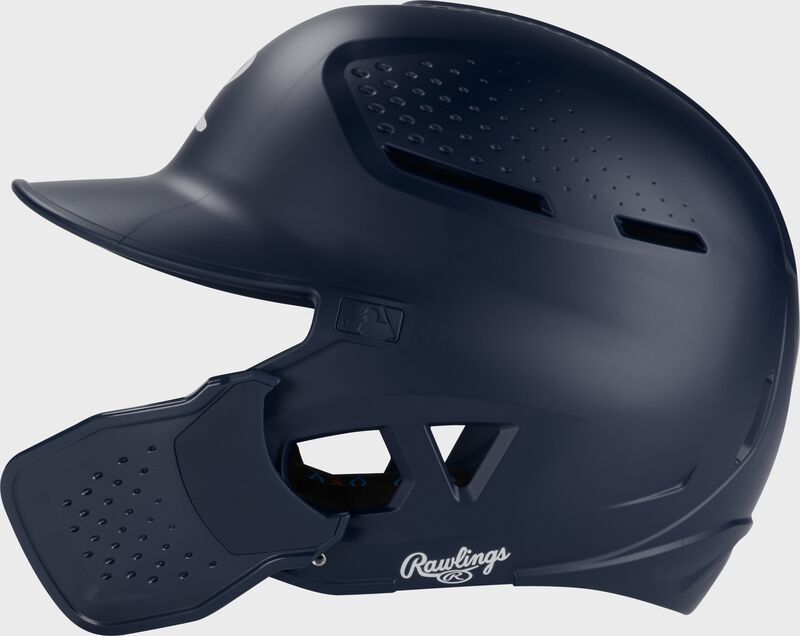 Left side of a navy Rawlings RX2 Reverse batting helmet
