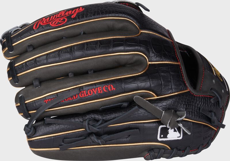 Croc embossed back of a dark shadow Heart of the Hide 12.75" outfield glove with the MLB logo on the pinky