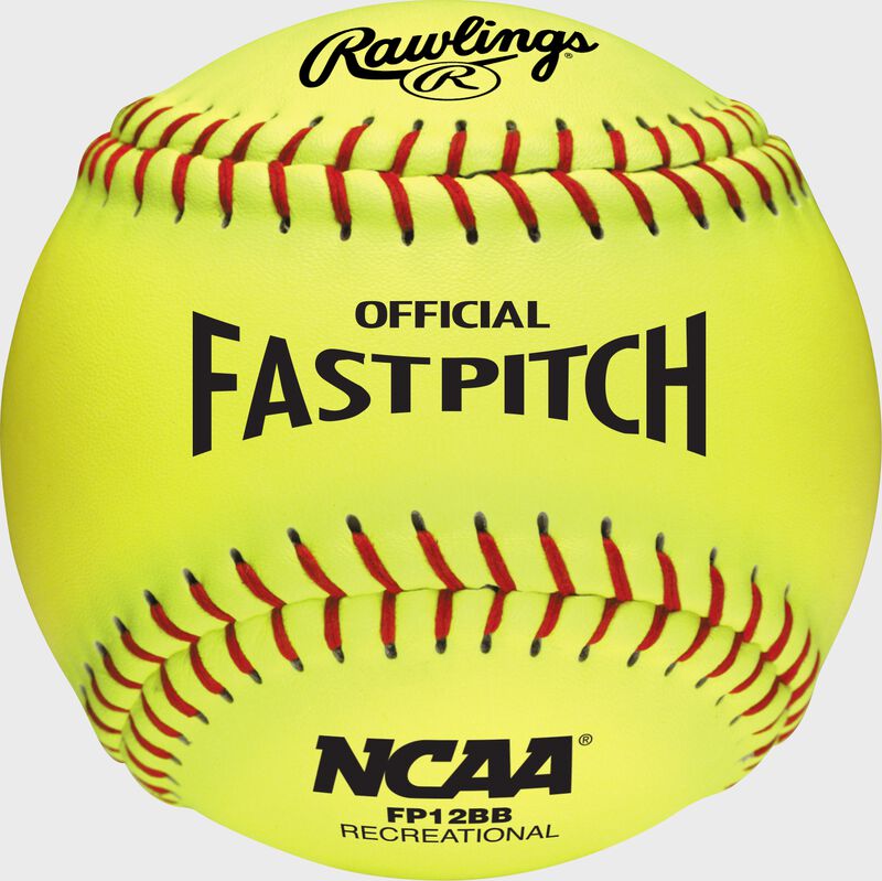 A yellow Rawlings 12-Inch NCAA recreational fastpitch softball loading=