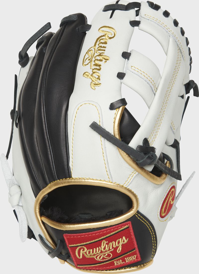 Shell back view of white and black Rawlings Encore 11.25-Inch Infield Glove
