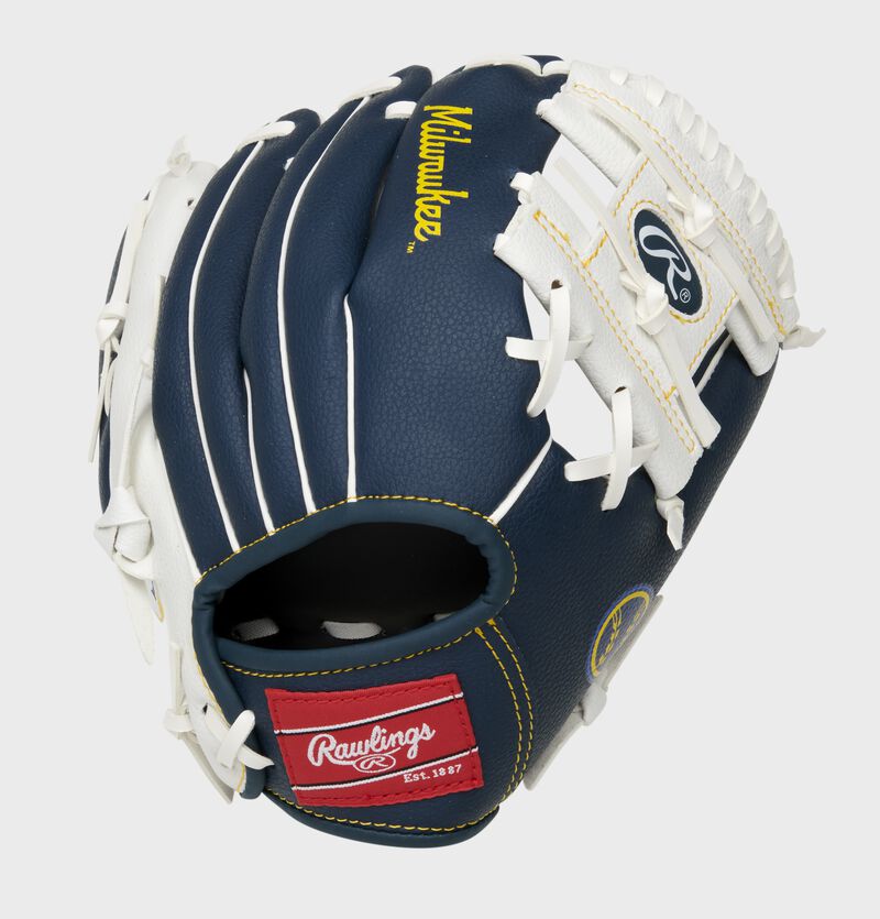 Back of a navy/white Milwaukee Brewers 10-inch I-web glove with a red Rawlings patch - SKU: 22000006111