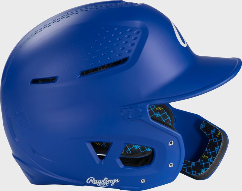 Right side of a royal Rawlings RX2 Reverse batting helmet