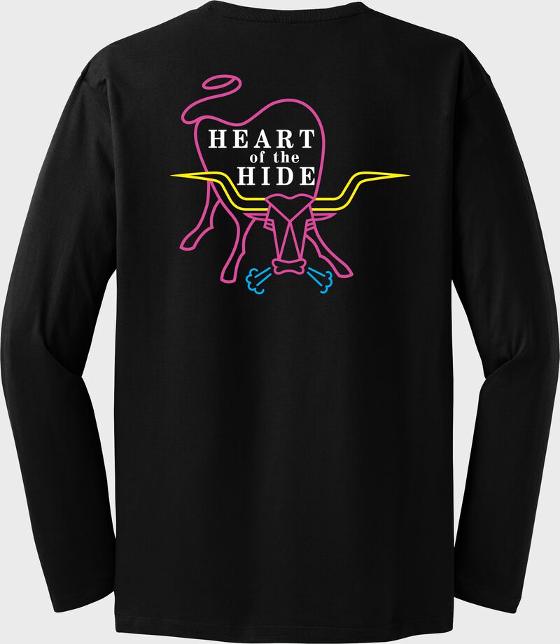 Back of a black Rawlings Heart of the Hide Long Sleeve Shirt with a large multi-color HOH logo