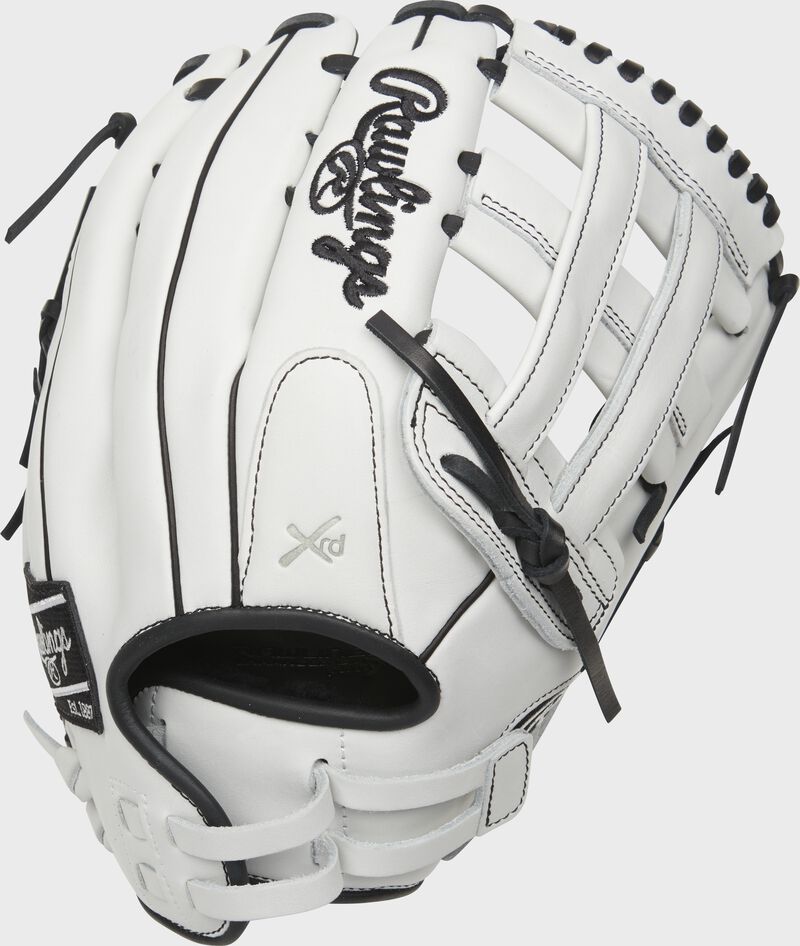 Shell back view of black and white 2021 Liberty Advanced 13-inch fastpitch outfield glove