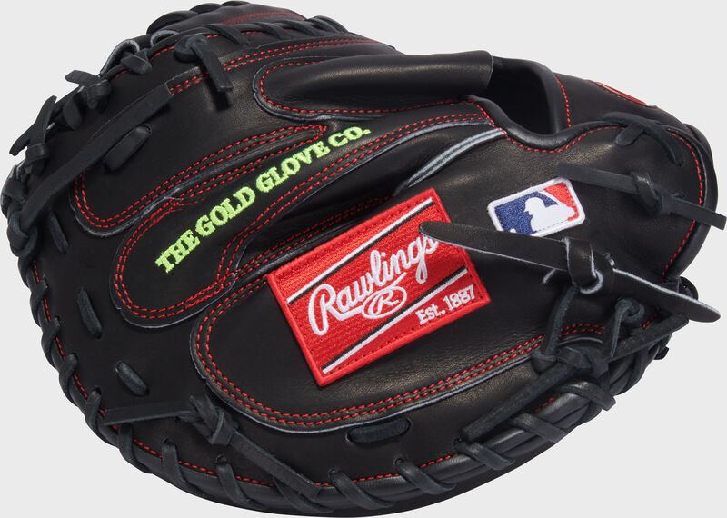 Back of a black Gameday 57 Series Gabriel Moreno Heart of the Hide Catcher's Mitt with a red Rawlings patch and MLB logo