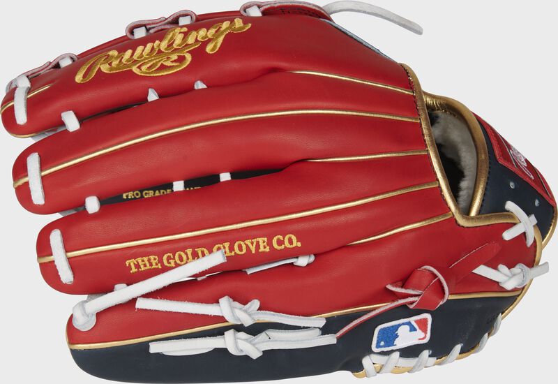 Scarlet back of a Pro Preferred Ronald Acuña Jr. gameday outfield glove with the MLB logo on the pinky - SKU: PROSRA13 loading=