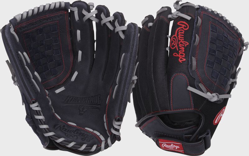 Two images showing the palm & back of a black Renegade 13" softball glove