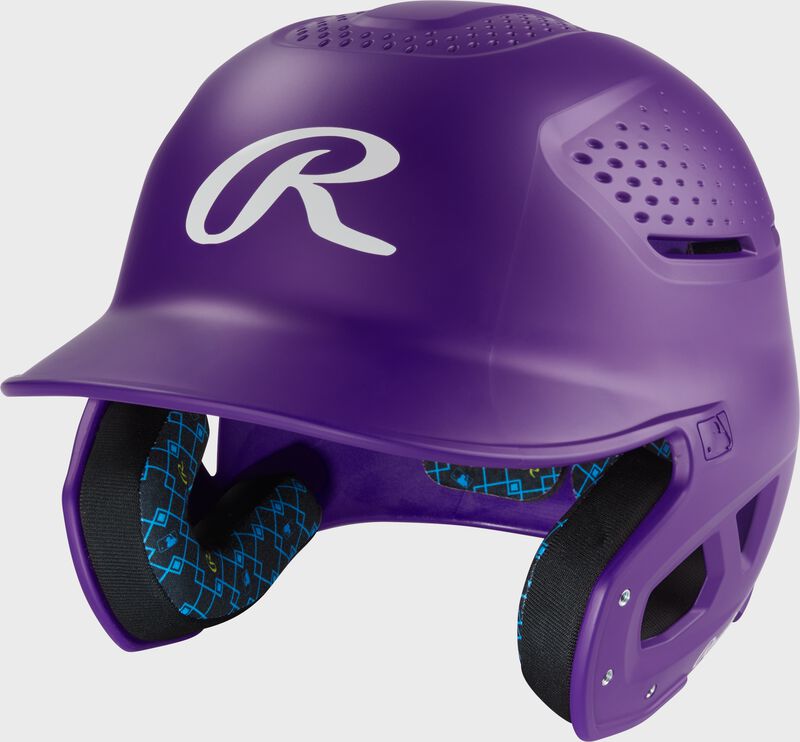 Front left of a purple Rawlings RX2 batting helmet
