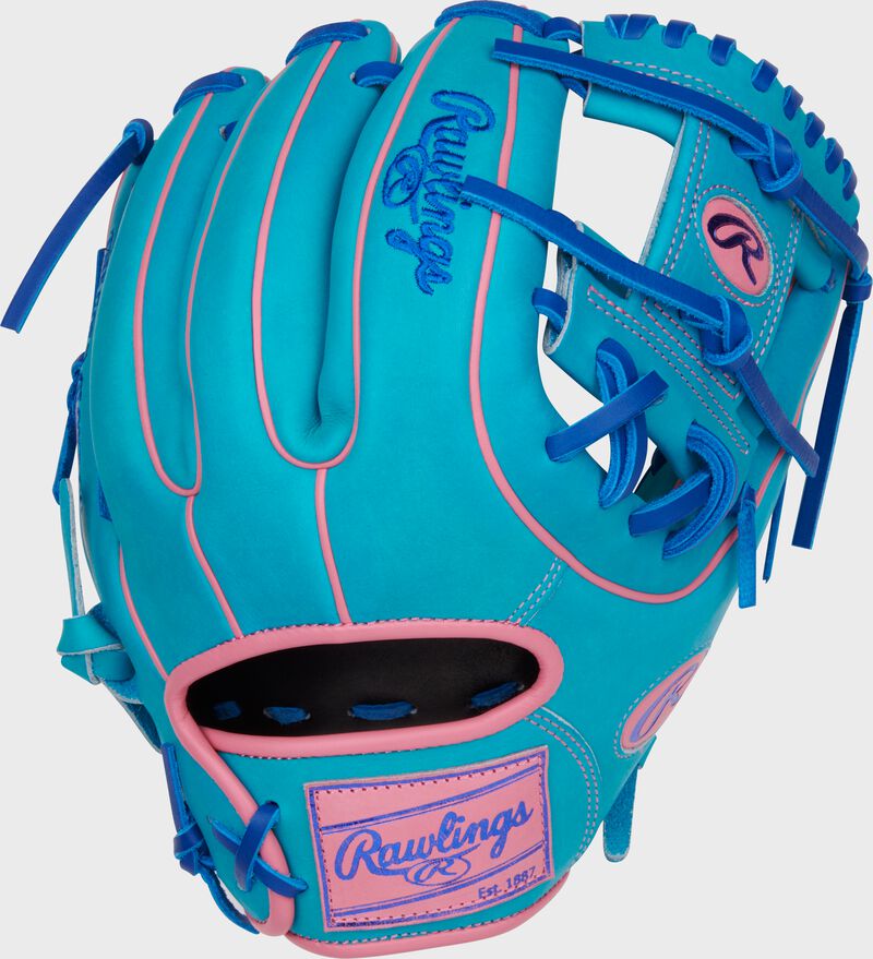 Back of a Heart of the Hide Vibrant Series 11.5" teal infield glove with a pink Rawlings patch