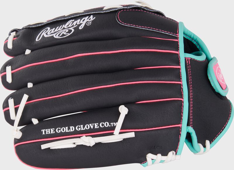 Finger backs of a black/mint/pink Sure Catch Softball 12.5-inch Youth Softball Glove loading=