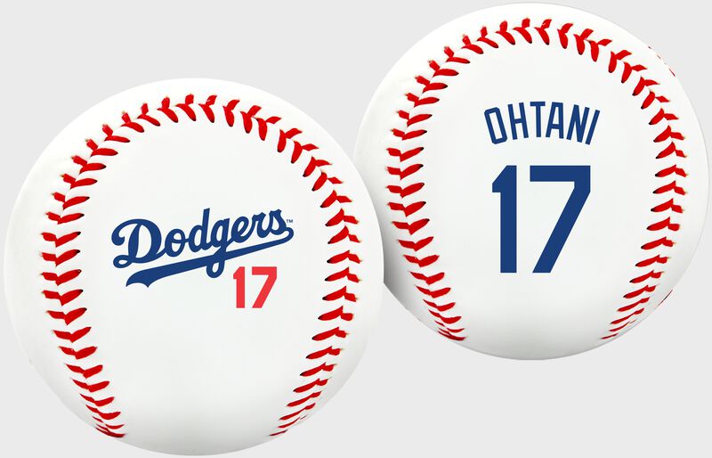 2 images of a Los Angeles Dodgers Shohei Ohtani jersey baseball with the Dodgers logo on one and Ohtani jersey number on the other
