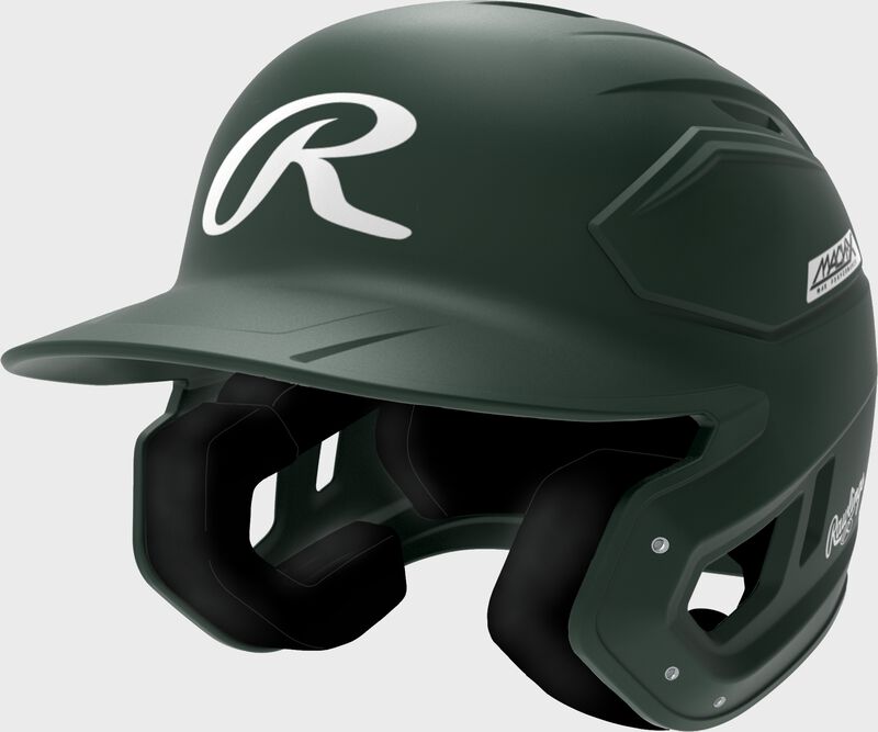 Front left of a dark green Rawlings Mach-X Max Performance batting helmet