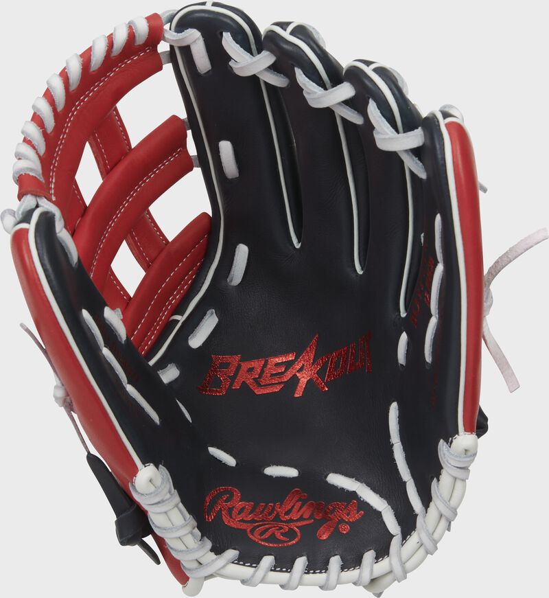 Navy palm of a Rawlings Breakout youth outfield glove with a red palm stamp and white laces - SKU: RSGBOYPT6-6NS